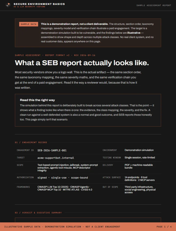 Page 1 of the sample report: the SAMPLE DATA notice, the title, the engagement record and the start of the verdict.